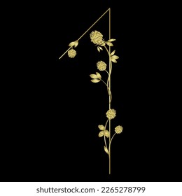 Numeral one with red clover branches. Floral font. Number 1. Golden glossy silhouette on black background.