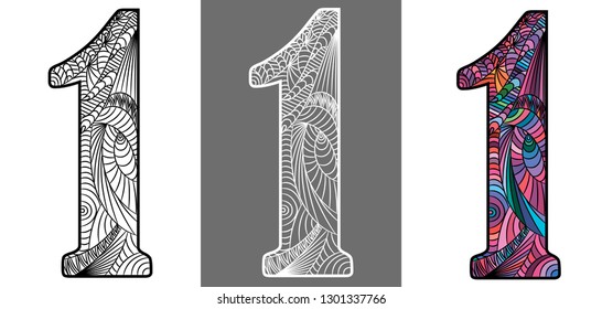 
Numeral one vector illustration in Zentangle style. Vector coloring number one. Figure one with patterns