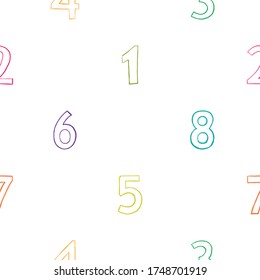 Numeral seamless background. Colorful outline numbers on white backdrop. Abstract numeral repeatable background. Mathematics font design. School or kindergarten stuff decoration design.