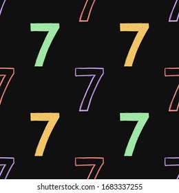Numeral seamless background with number 7 seven. Abstract backdrop black board with numbers. Math alphabet. School graphic vector seamless pattern. Mathematics font design.