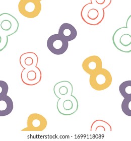 Numeral seamless background with number eight. Abstract backdrop with numbers. Math alphabet. School graphic vector seamless pattern. Mathematics font design.