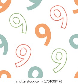 Numeral seamless background with number nine. Abstract backdrop with numbers. Math alphabet. School graphic vector seamless pattern. Mathematics font design.