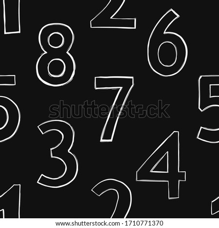 Numeral seamless background. White outline numbers on black board backdrop. Abstract numeral repeatable background. Mathematics font design. School or kindergarten stuff decoration design.