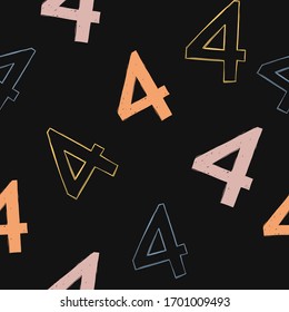 Fondo de la pizarra nupcial sin fisuras con el número cuatro. Fondo abstracto con números. Alfabeto matemático. Patrón transparente del vector gráfico escolar. Diseño de fuentes matemáticas.