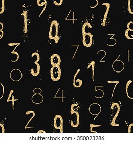 Numeral seamless gold pattern with glitter sparkle surface. Shimmer sequins digit black background.