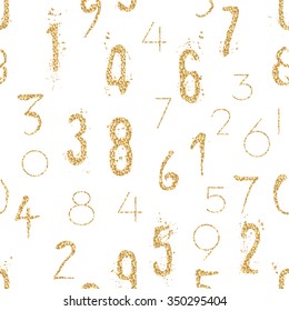 Numeral seamless gold pattern with glitter sparkle surface. Shimmer sequins digit white background.