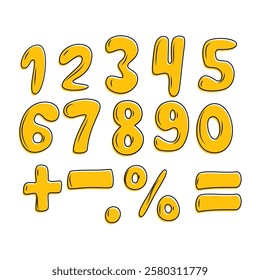 Numeral set from 0 to 10 hand-drawn. mathematical signs plus, minus, equals, percentage. doodle icons with numbers