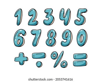 Numeral set from 0 to 10, mathematical signs plus, minus, equals, percentage isolated on white background. Vector bubble illustration, in hand-drawn style. Doodle icons with numbers