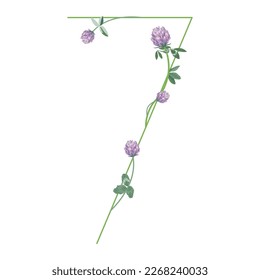 Numeral seven with red clover branches. Floral font. Number 7. Isolated vector illustration.