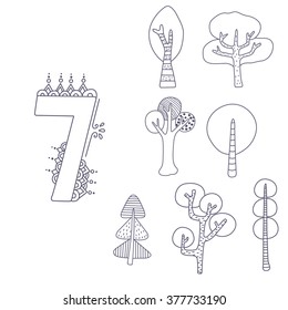 Numeral seven and trees vector illustration