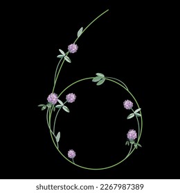 Numeral six with red clover branches. Floral font. Number 6. On black background.