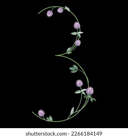 Zahl drei mit roten Falten. Blumenschrift. Nummer 3. Auf schwarzem Hintergrund.
