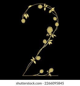 Numeral two with red clover branches. Floral font. Number 2. Golden glossy silhouette on black background.