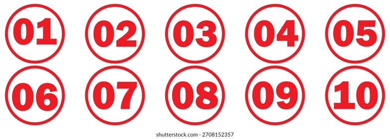 Zifferntypografische flache Symbole gesetzt. Symbolsatz für die Aufzählungspunktnummer. Fett gerundete Nummernetiketten 1 bis 10 . Bearbeitbare Vektorsymbole für Print, Web. EPS 10