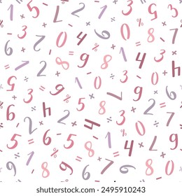 Numeral vector seamless pattern. Handwritten lettering modern brush calligraphy. Hand-drawn figures 1, 2, 3, 4, 5, 6, 7, 8, 9, 0 and mathematical symbols. Pink, rose, purple, viole, girl colours.