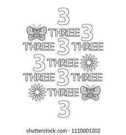 Numeral and word three, butterfly, flowers. Coloring page. Vector illustration