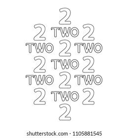 Numeral and word Two. Coloring page. Vector illustration