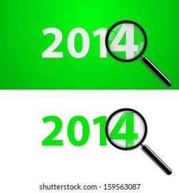 Numerals 2014 with magnifying glass in white and green. 