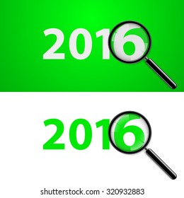 Numerals 2016 with magnifying glass in white and green