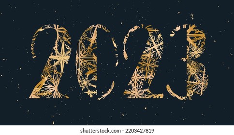Numerals 2023 with golden snowflake texture on dark background. Texture background with sparkles. Typography design for new year. Greeting card, banner, poster. Background shape. Poster layout design.
