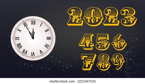 Numerals 2023 vintage with an old clock face. Five minutes to twelve. Merry Christmas and happy New Year 2023 background. Christmas greeting card template. Vector illustration.