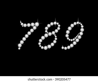 Numerals 7, 8 and 9 in stunning Diamond Script precious round jewels, isolated on black. Vector EPS-10 file, transparency used. 