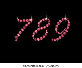Numerals 7, 8 and 9 in stunning Ruby Script precious round jewels, isolated on black. Vector EPS-10 file, transparency used. 