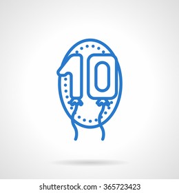 Numerals balloons, ten sign in oval frame. One and zero balloons. Decoration for anniversary and birthday. Simple blue line vector icon. Web design element for website and mobile app.