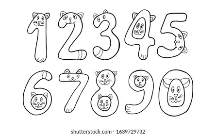 Numerals with cat in doodles style. Kids font vector Illustration on a white background.