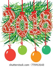 Numerals of the new year 2018 as red gingerbread. Decoration for Christmas tree with glass balls colours. A graphic drawing handmade. White background. Color vector illustration isolated image