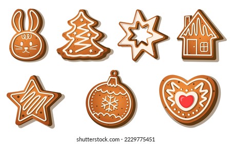 Numerals and New Year's toys in the form of gingerbread: a Christmas tree, a gingerbread house, stars, snowflakes and a rabbit as a symbol of the new year 2023. drawn in cartoon vector style