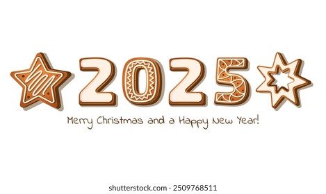 Numerals and New Year's toys in the form of gingerbread drawn in cartoon vector style: a gingerbread house, star, snowflak and a 2025. 