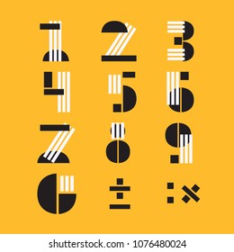 Numerals vector, typography design. Background with set of decorative numbers. Poster with mathematical actions made in modern style. Clean font, flat line style. Clear lines