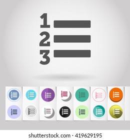Numered list round icons set for minimalistic applications in different design styles. Contain flat and stereoscopic buttons