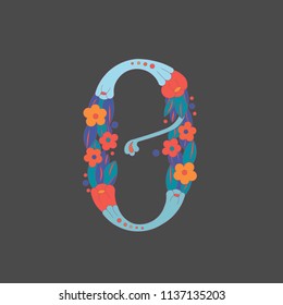 Numeric "0" for very decocative alphabet for Day ot the Dead in Mexica, for piraten party or Halloween. It сonsists of a bone decorated with flowers situated on the dark backgroud