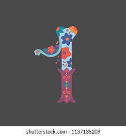Numeric "1" for very decocative alphabet for Day ot the Dead in Mexica, for piraten party or Halloween. It сonsists of a bone decorated with flowers situated on the dark backgroud. 