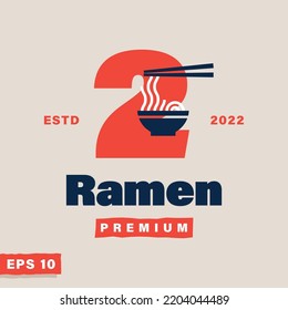 Numeric 2 with chopsticks and noodles icon logo, suitable for logos restaurant