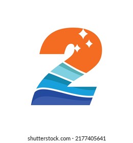 Numeric 2 logo design vector template illustration with wave
