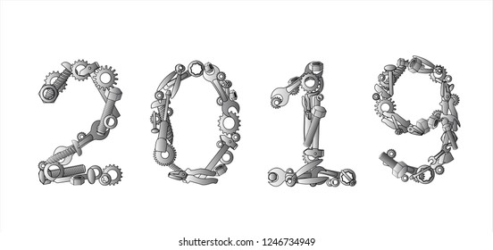 Numeric 2019 sign made by hand tools with white background