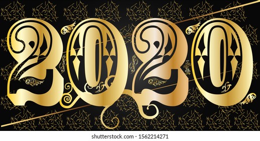 Numeric 2020 vector artwork in gold and floral themes against a dark background.