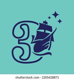 Numeración 3 para la plantilla de logotipo de barco de vela