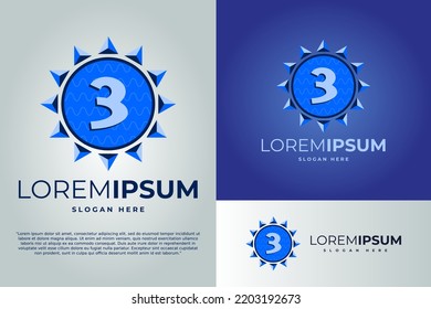 Numeric 3 and Sun with waves Logo design vector illustration template. badge logo. Sun logo design template. badge logo