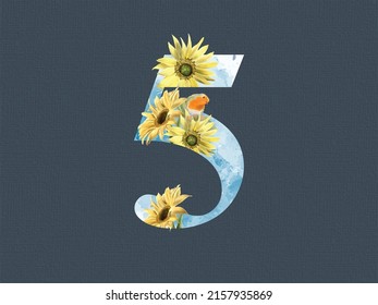 Numeric 5 with floral tropical watercolor