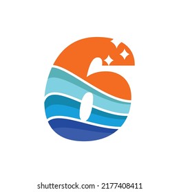 Numeric 6 logo design vector template illustration with wave