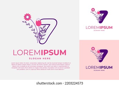 Numeric 7 logo design vector template illustration with flowers