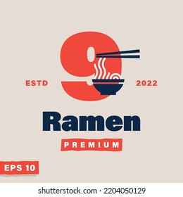 Numeric 9 with chopsticks and noodles icon logo, suitable for logos restaurant