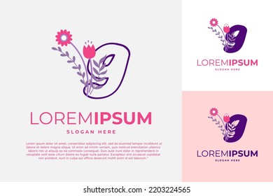 Numeric 9 logo design vector template illustration with flowers