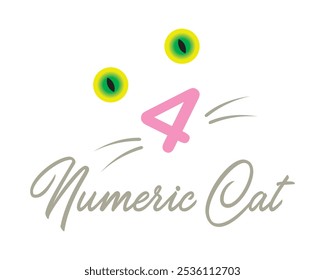 Numeric Cat with Nose as Number Four 4 with Big Eyes Vector Logo	