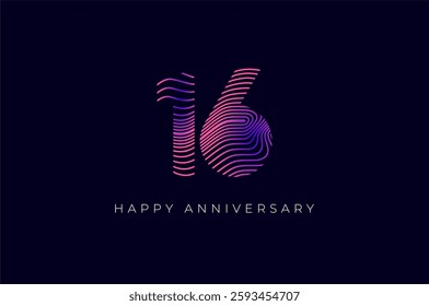 Numeric Design with Line Curve 16th, 16th Happy Anniversary with Gradient Colorful Line wave. Tech, futuristic and science concept