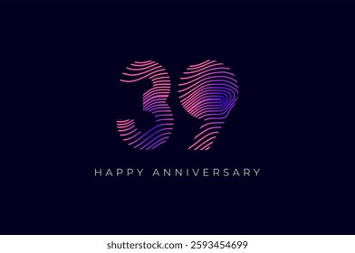 Numeric Design with Line Curve 39th, 39th Happy Anniversary with Gradient Colorful Line wave. Tech, futuristic and science concept